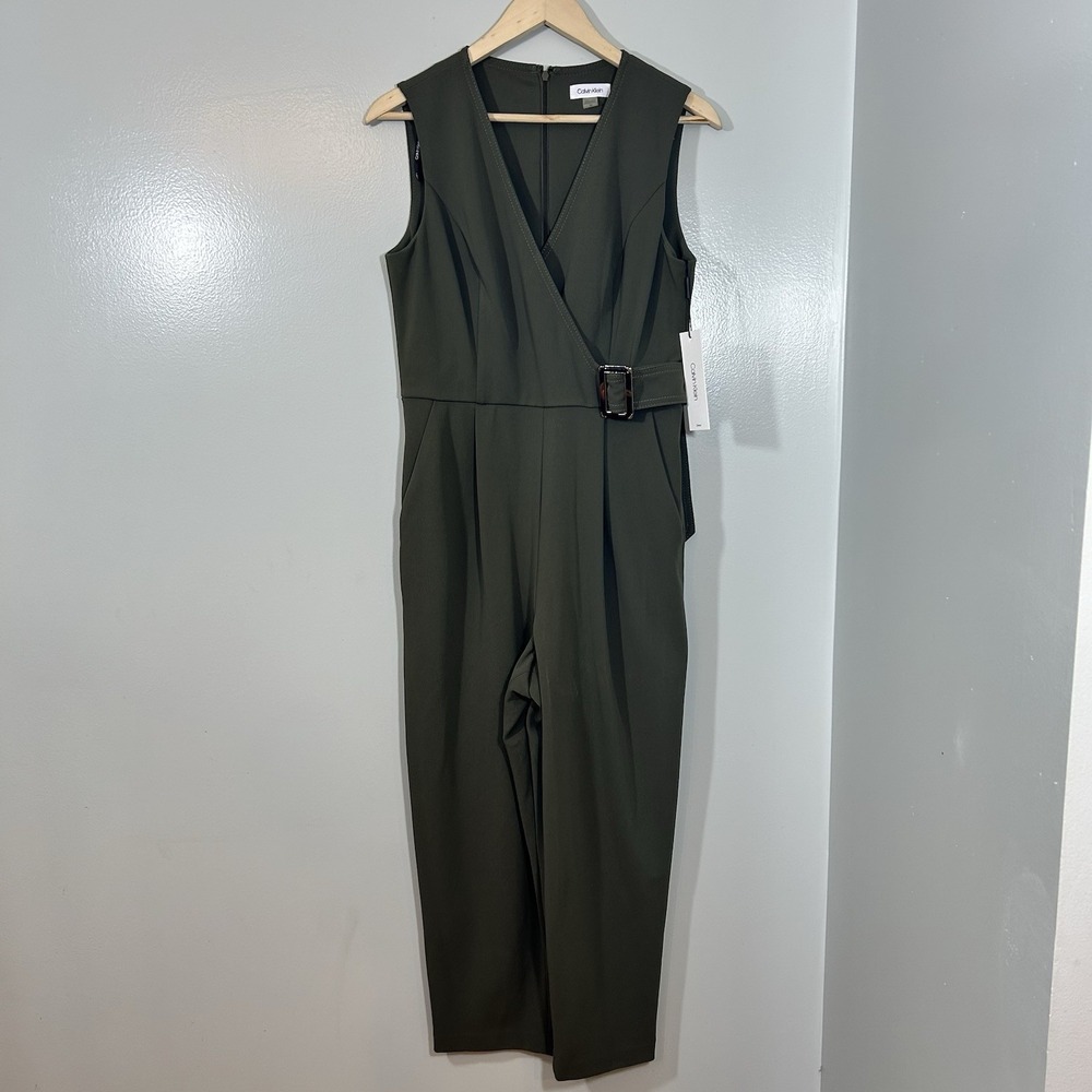 NWT Calvin Klein Size 10 Sleeveless Faux Wrap Jumpsuit Olive Green Wide Leg